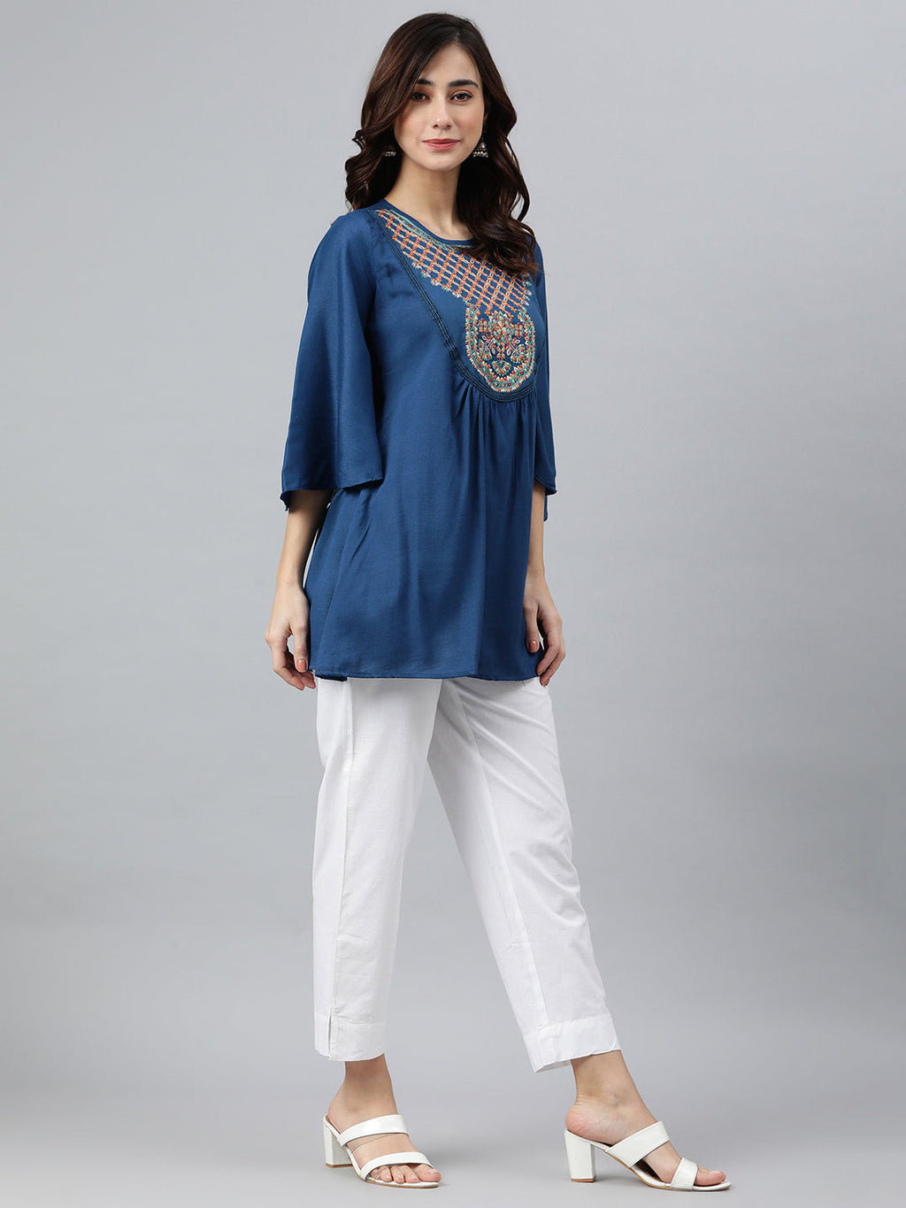 Janasya Women's Blue Rayon Slub Embroidered Regular Tunic