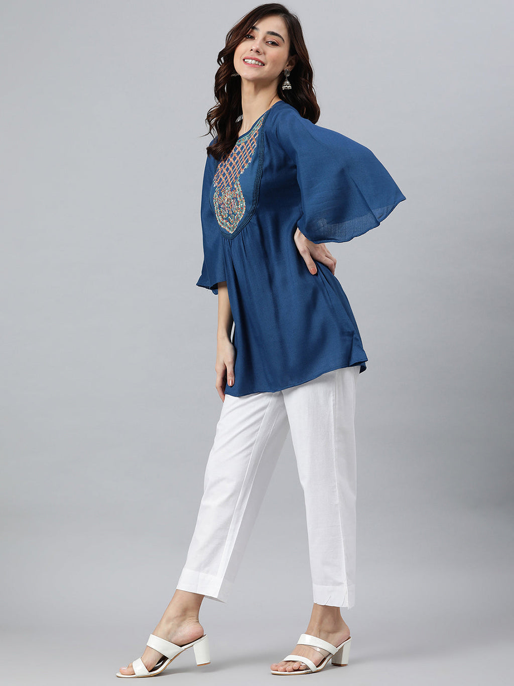 Janasya Women's Blue Rayon Slub Embroidered Regular Tunic