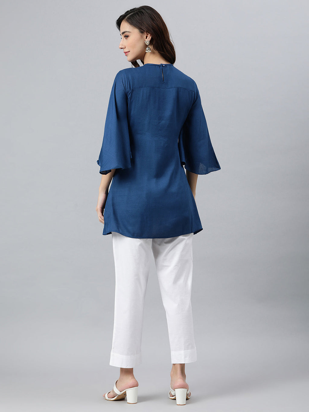 Janasya Women's Blue Rayon Slub Embroidered Regular Tunic