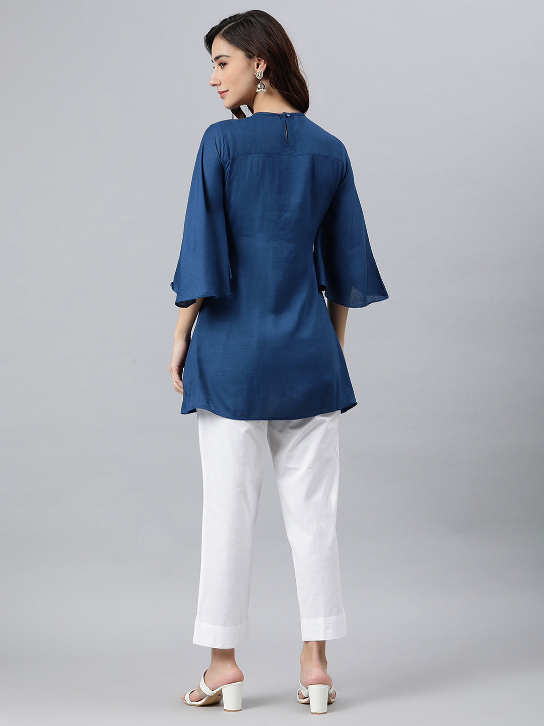 Janasya Women's Blue Rayon Slub Embroidered Regular Tunic