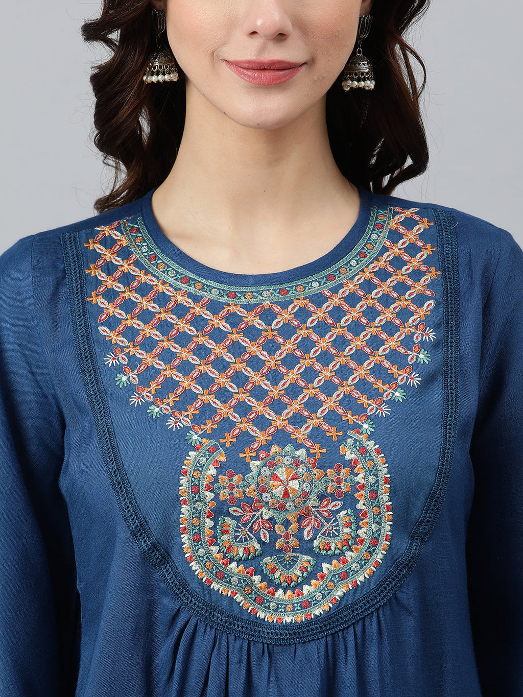 Janasya Women's Blue Rayon Slub Embroidered Regular Tunic