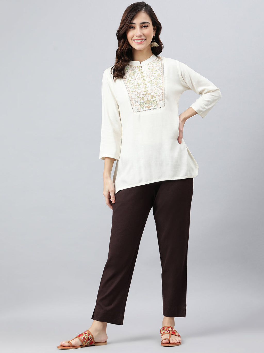 Janasya Women's Cream Rayon Slub Embroidered A-Line Top