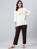 Janasya Women's Cream Rayon Slub Embroidered A-Line Top