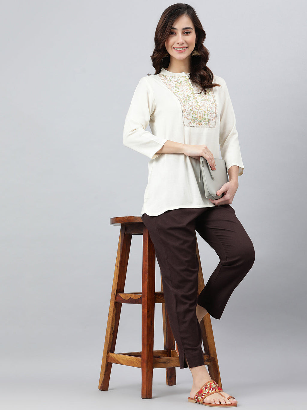 Janasya Women's Cream Rayon Slub Embroidered A-Line Top