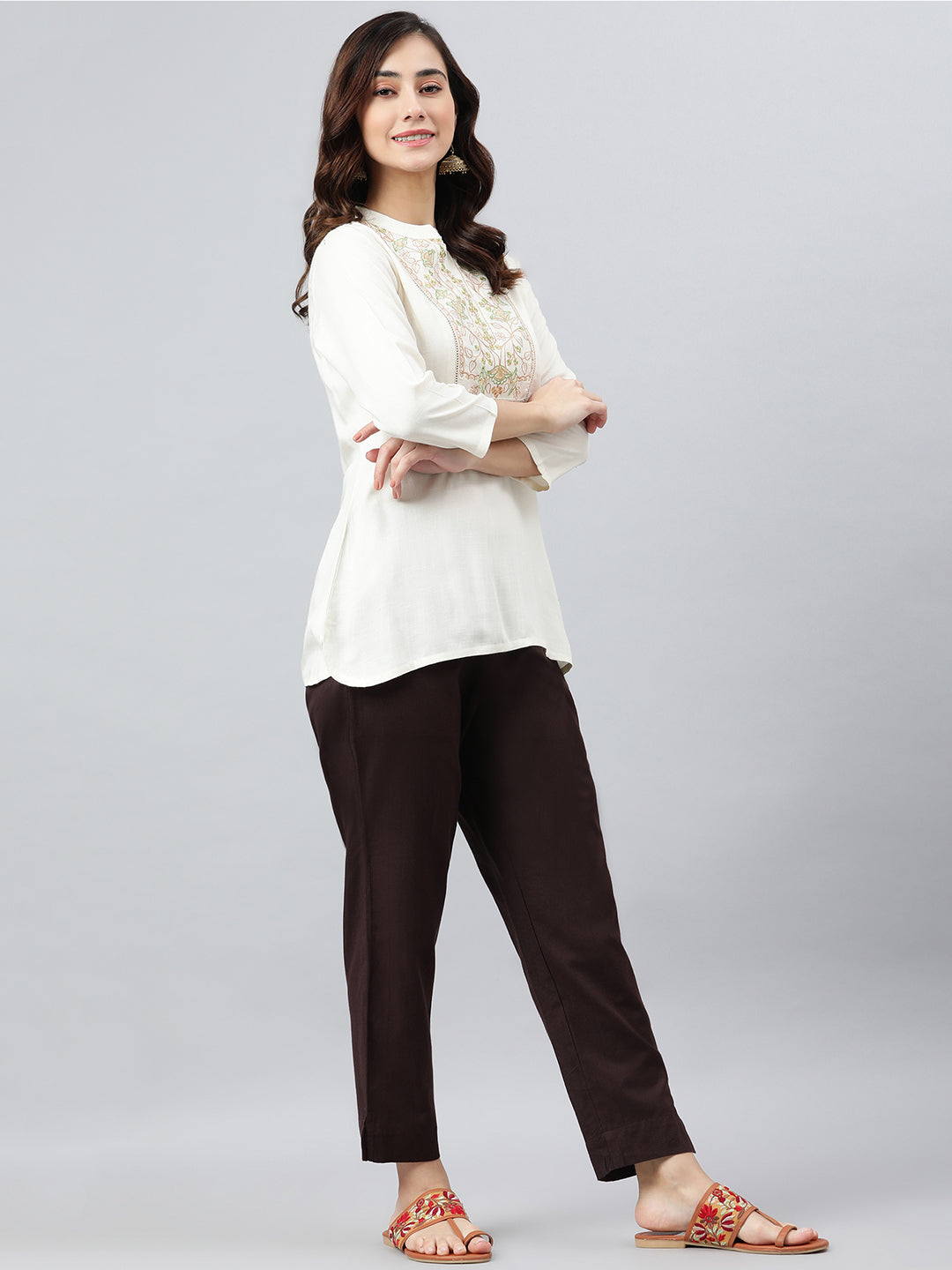 Janasya Women's Cream Rayon Slub Embroidered A-Line Top