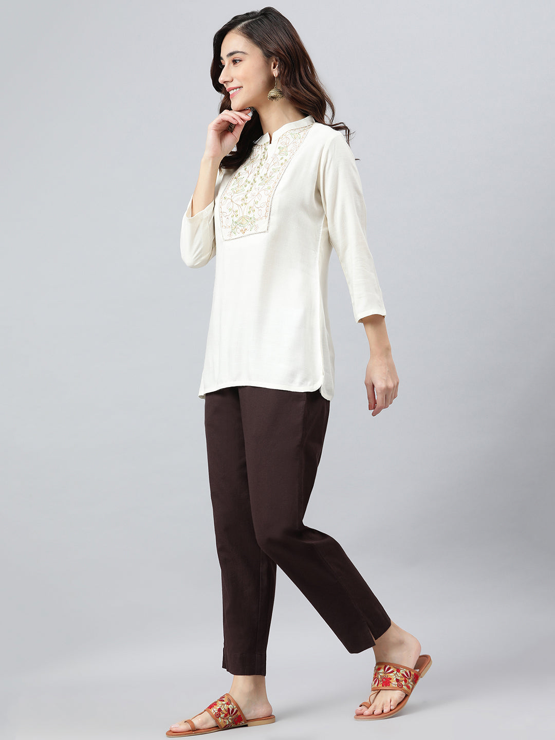 Janasya Women's Cream Rayon Slub Embroidered A-Line Top