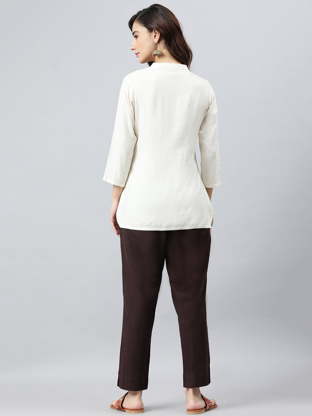 Janasya Women's Cream Rayon Slub Embroidered A-Line Top