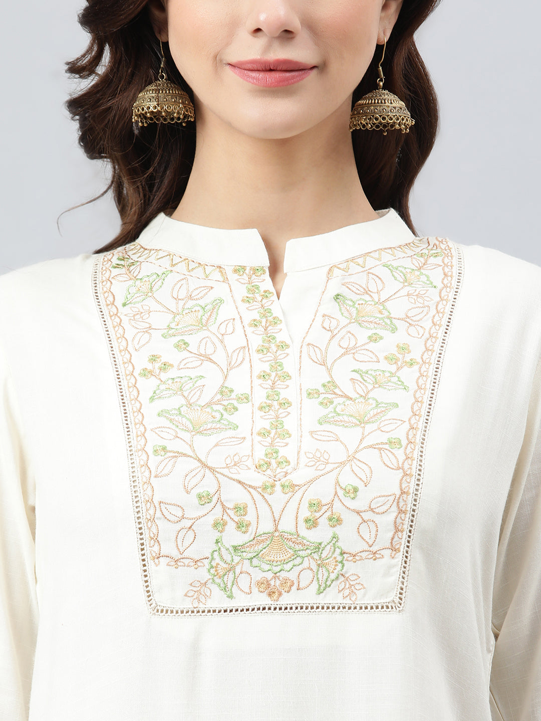 Janasya Women's Cream Rayon Slub Embroidered A-Line Top