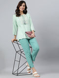 Janasya Women's Light Green Rayon Slub Embroidered A-Line Top