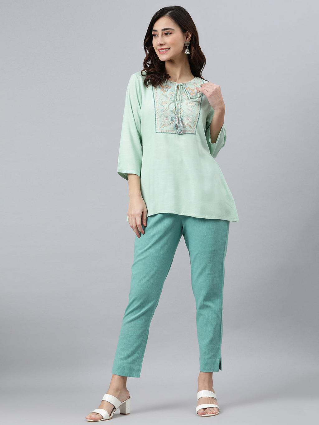 Janasya Women's Light Green Rayon Slub Embroidered A-Line Top