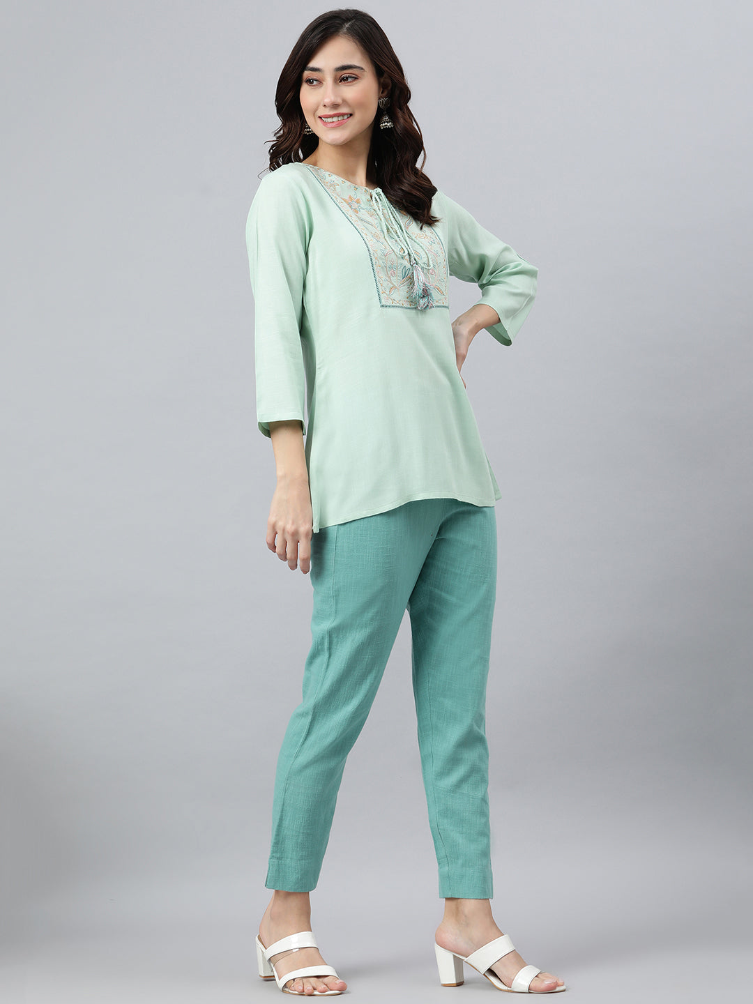 Janasya Women's Light Green Rayon Slub Embroidered A-Line Top