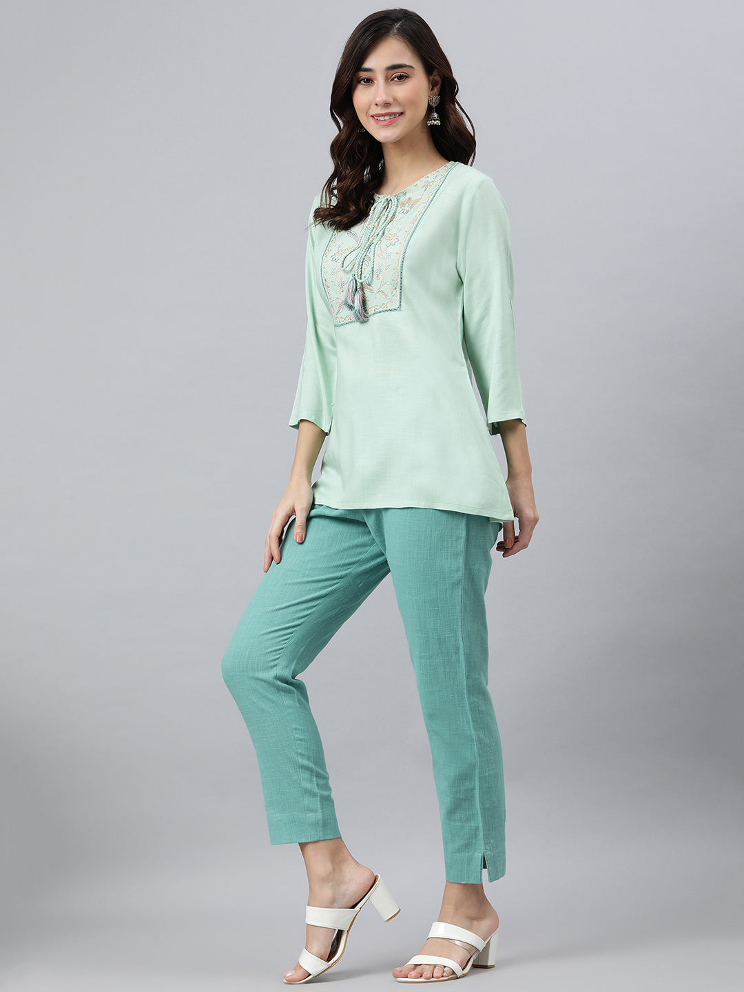 Janasya Women's Light Green Rayon Slub Embroidered A-Line Top