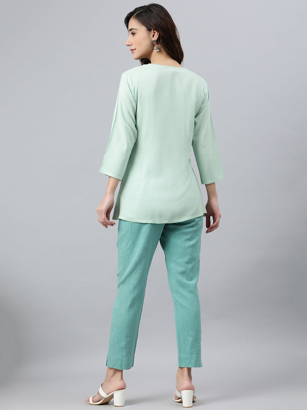 Janasya Women's Light Green Rayon Slub Embroidered A-Line Top