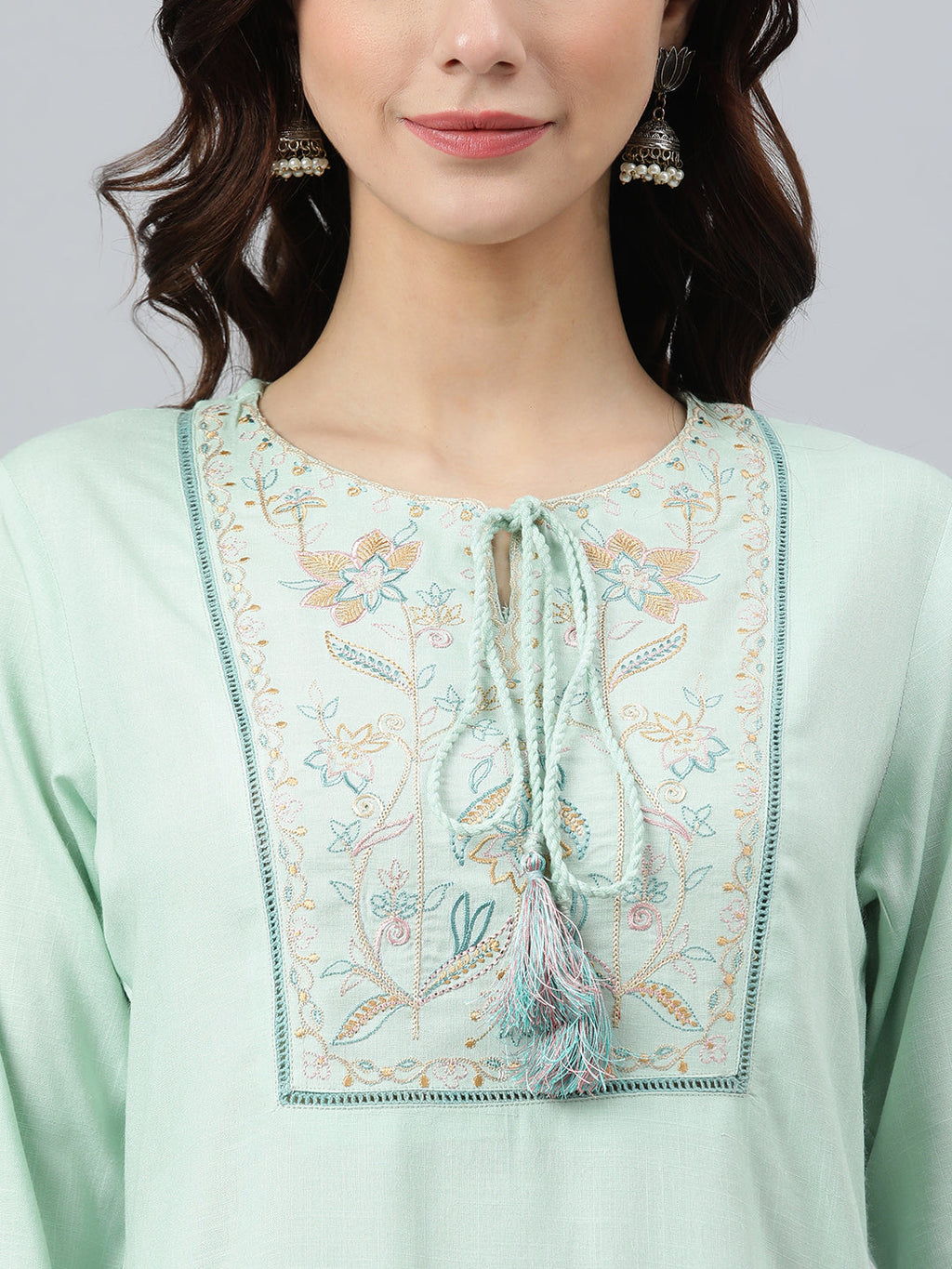 Janasya Women's Light Green Rayon Slub Embroidered A-Line Top