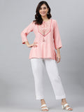Janasya Women's Light Pink Rayon Slub Embroidered A-Line Top