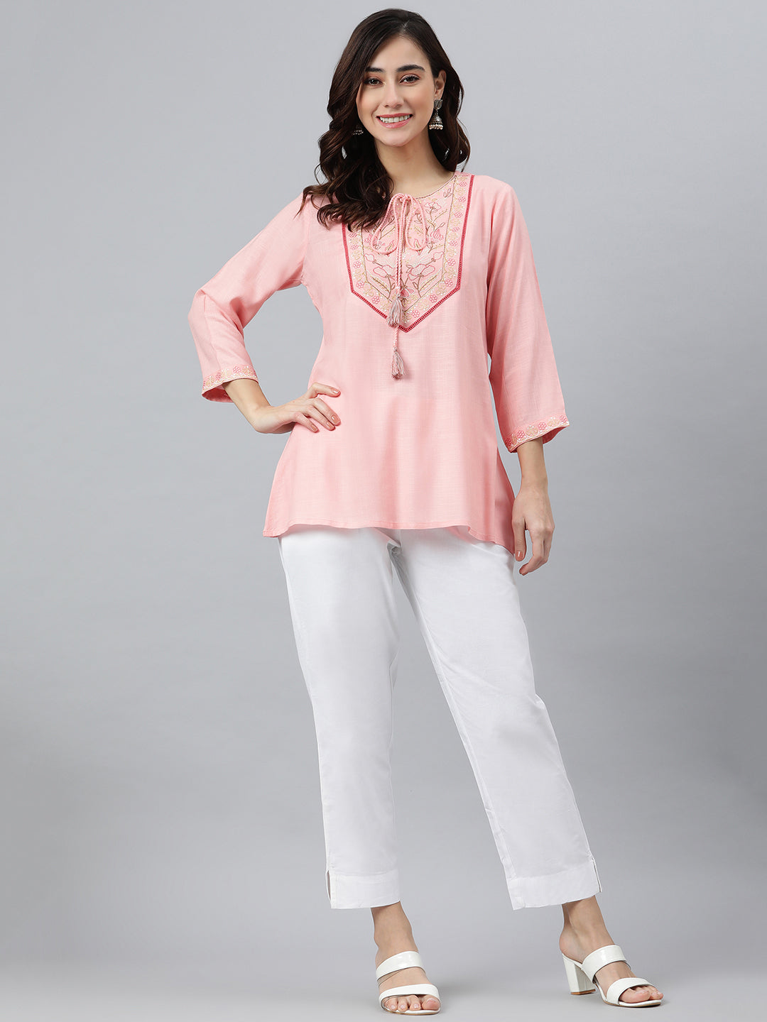 Janasya Women's Light Pink Rayon Slub Embroidered A-Line Top