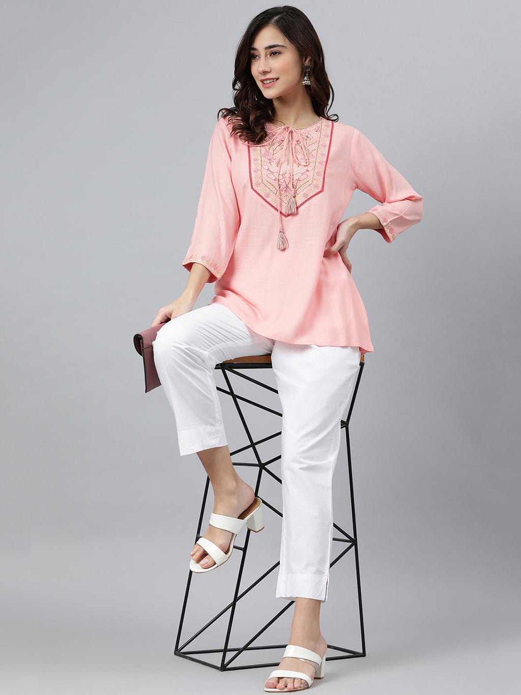 Janasya Women's Light Pink Rayon Slub Embroidered A-Line Top