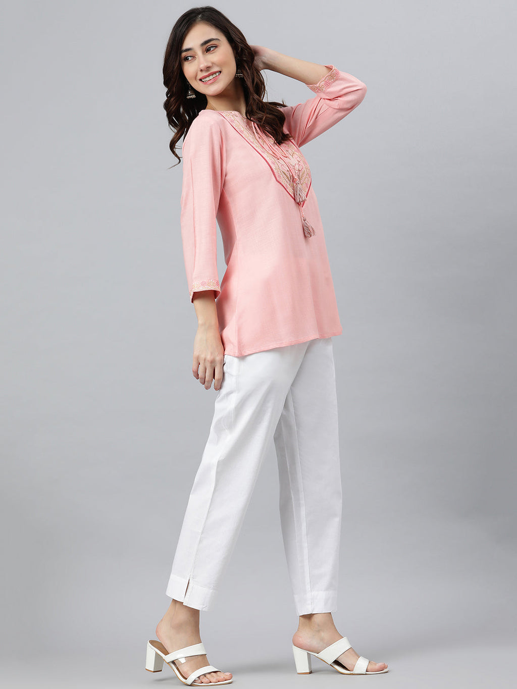 Janasya Women's Light Pink Rayon Slub Embroidered A-Line Top