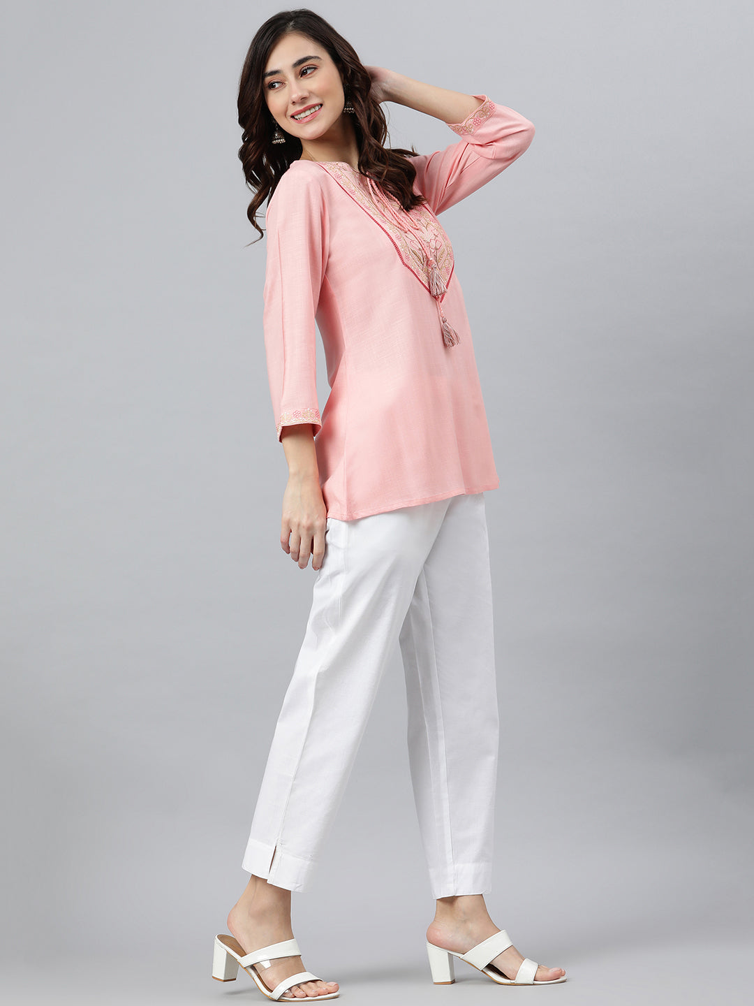 Janasya Women's Light Pink Rayon Slub Embroidered A-Line Top