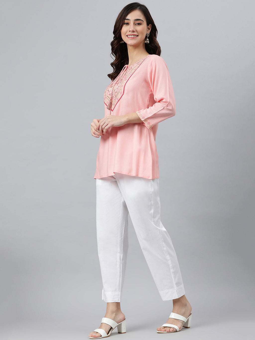 Janasya Women's Light Pink Rayon Slub Embroidered A-Line Top
