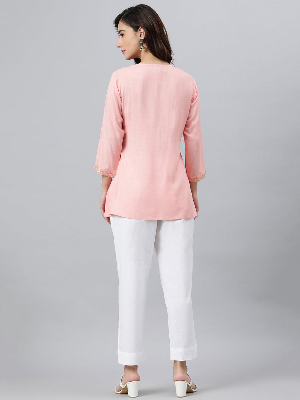 Janasya Women's Light Pink Rayon Slub Embroidered A-Line Top