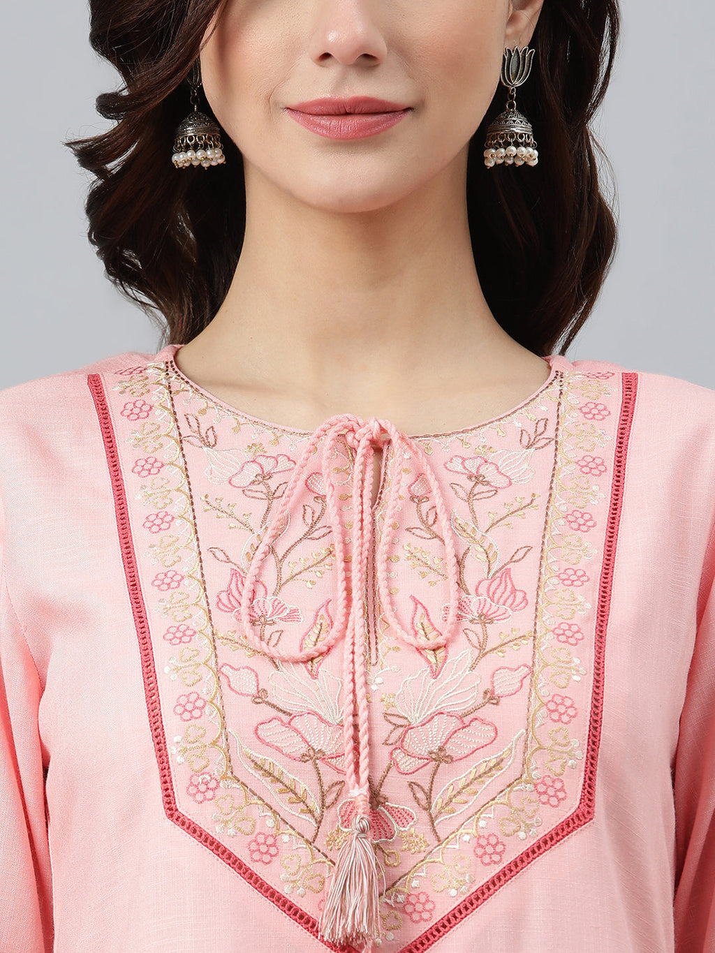 Janasya Women's Light Pink Rayon Slub Embroidered A-Line Top