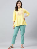Janasya Women's Yellow Rayon Slub Embroidered A-Line Top