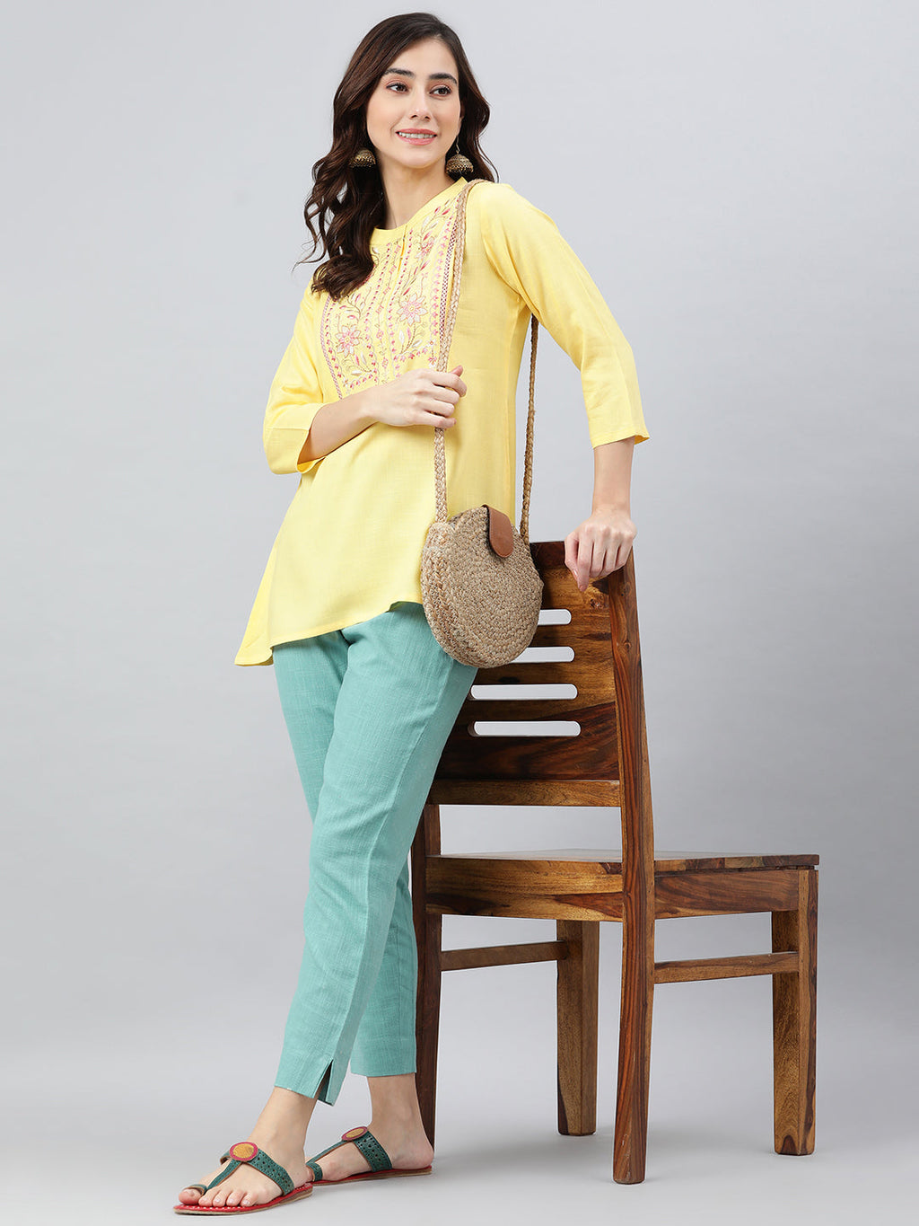 Janasya Women's Yellow Rayon Slub Embroidered A-Line Top