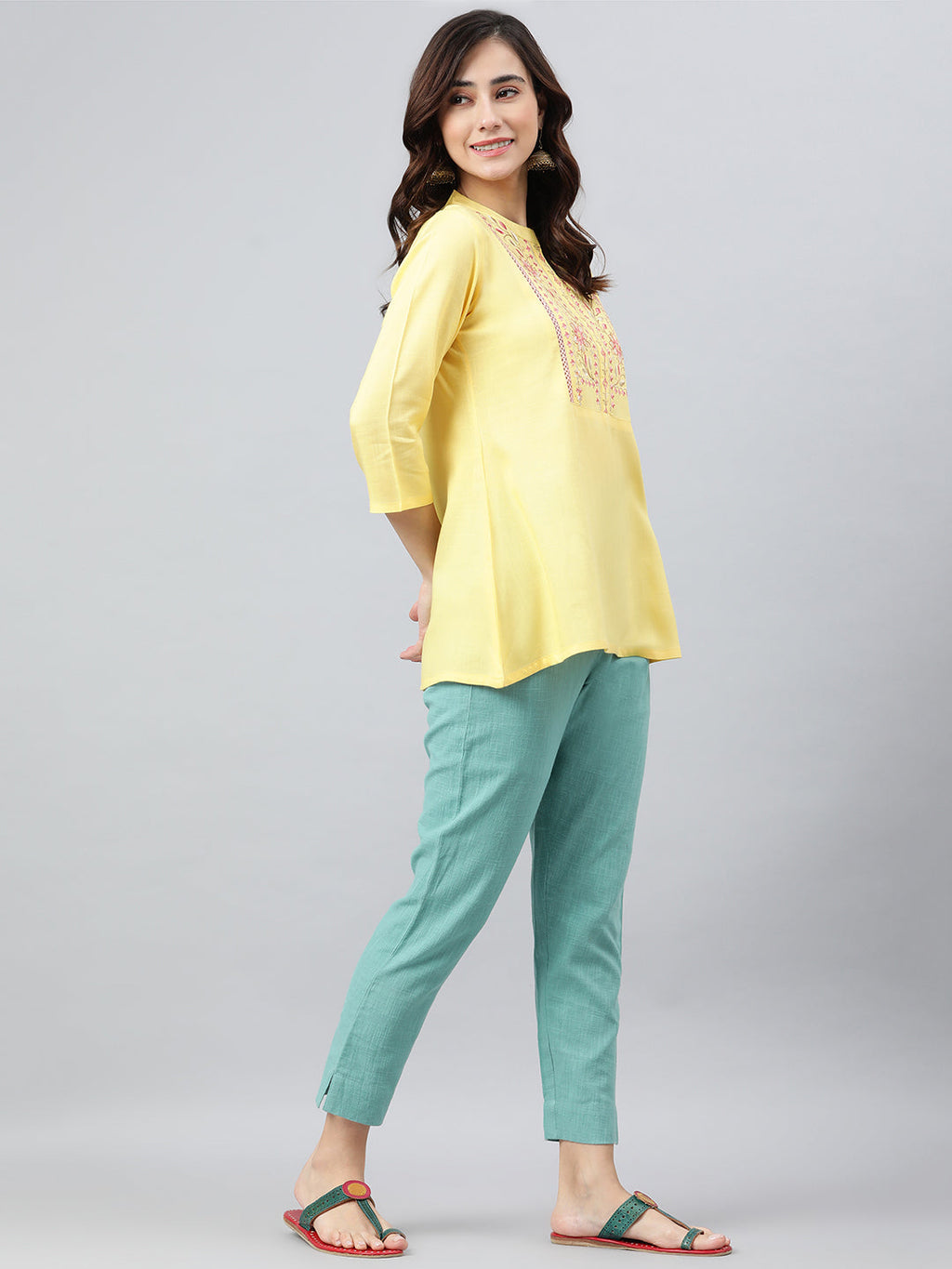 Janasya Women's Yellow Rayon Slub Embroidered A-Line Top