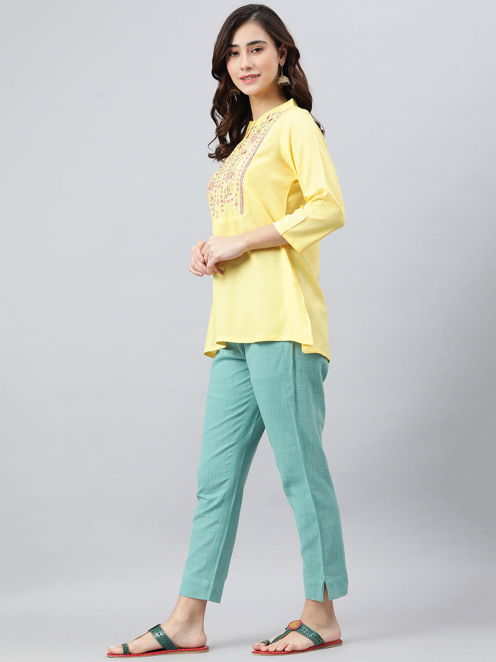 Janasya Women's Yellow Rayon Slub Embroidered A-Line Top