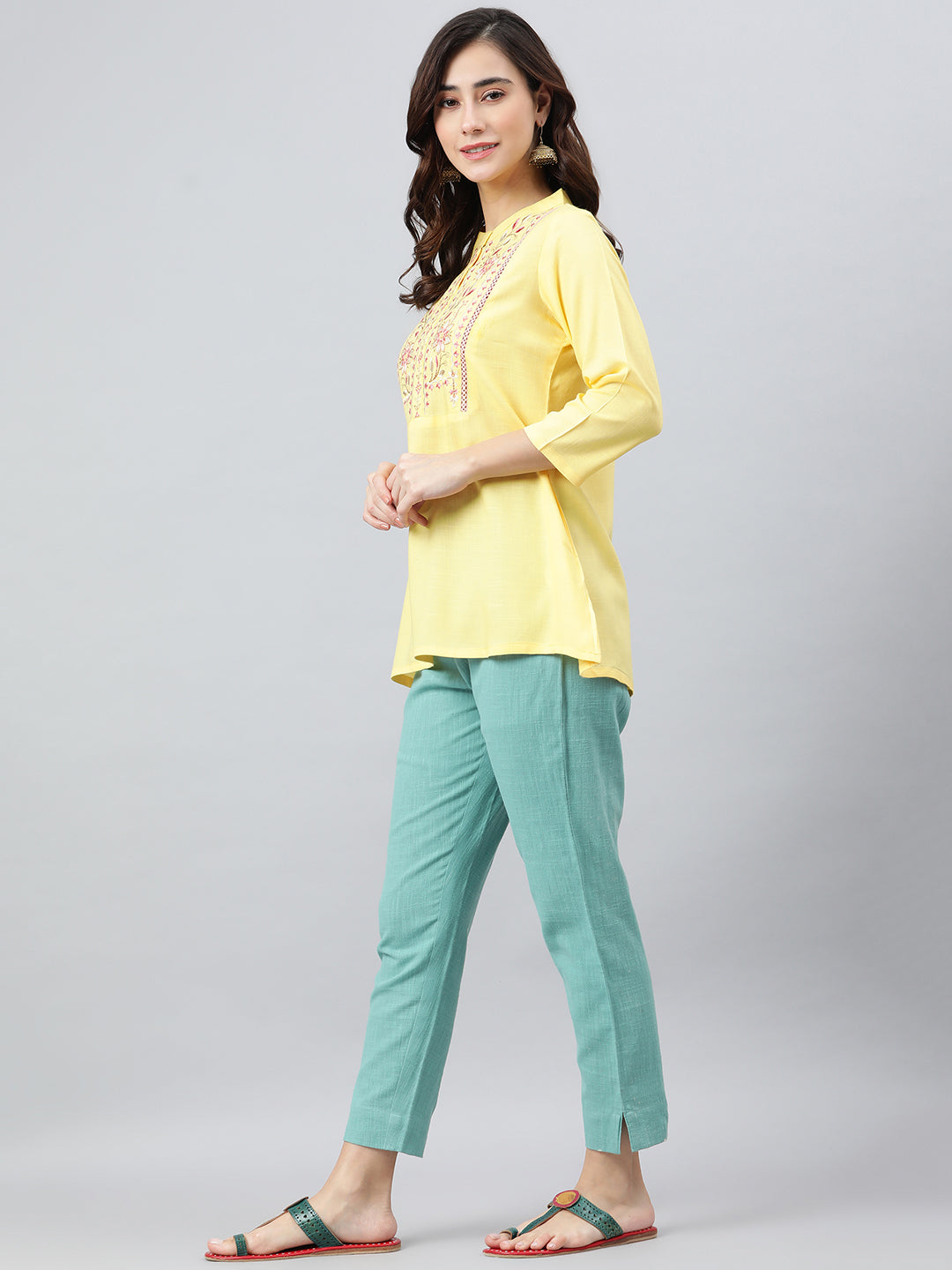 Janasya Women's Yellow Rayon Slub Embroidered A-Line Top