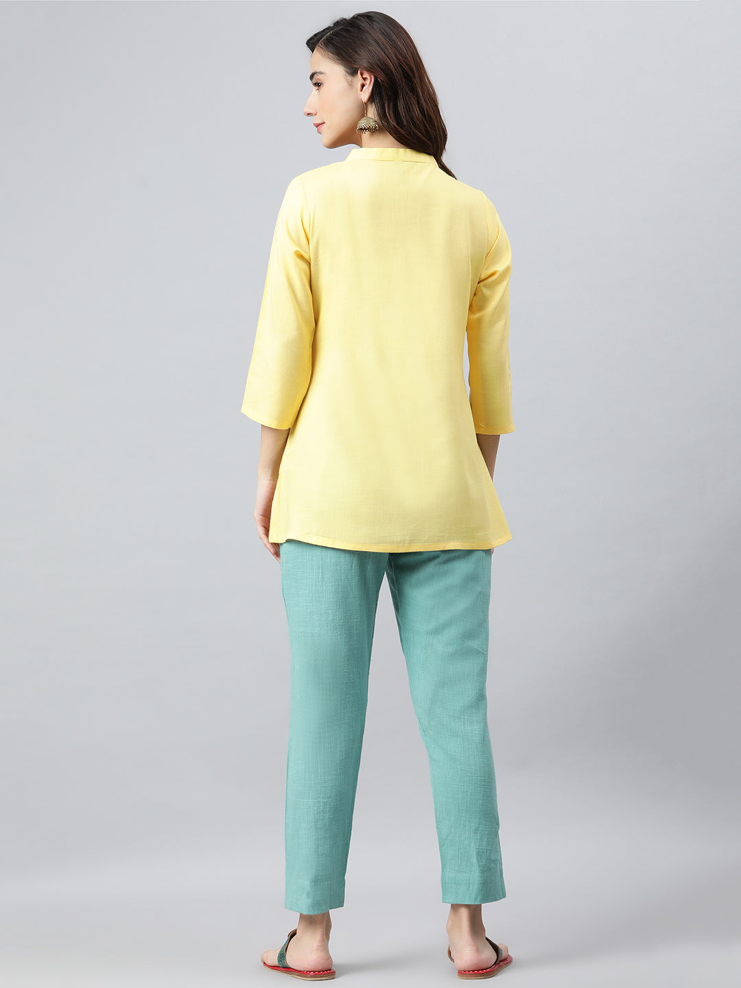 Janasya Women's Yellow Rayon Slub Embroidered A-Line Top