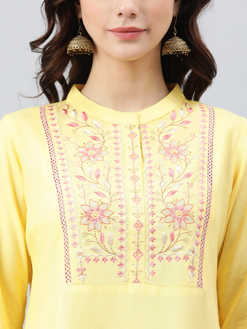Janasya Women's Yellow Rayon Slub Embroidered A-Line Top
