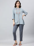 Janasya Women's Blue Rayon Slub Embroidered A-Line Top