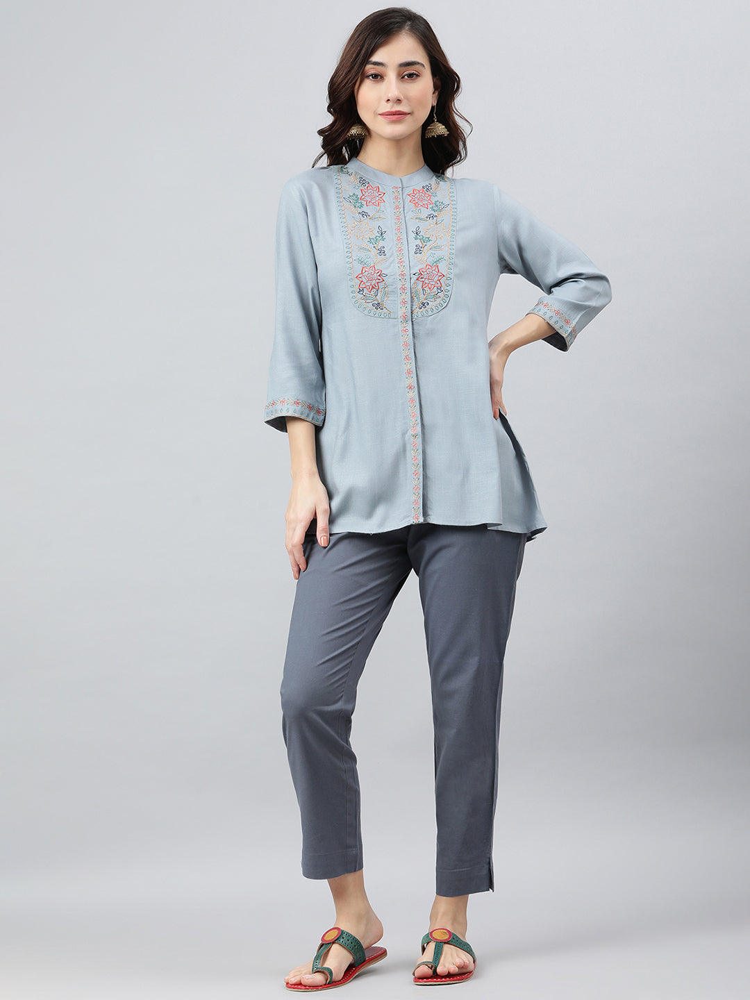 Janasya Women's Blue Rayon Slub Embroidered A-Line Top
