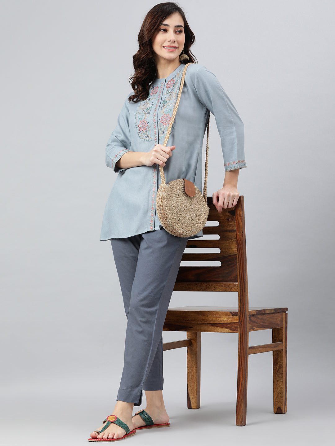Janasya Women's Blue Rayon Slub Embroidered A-Line Top