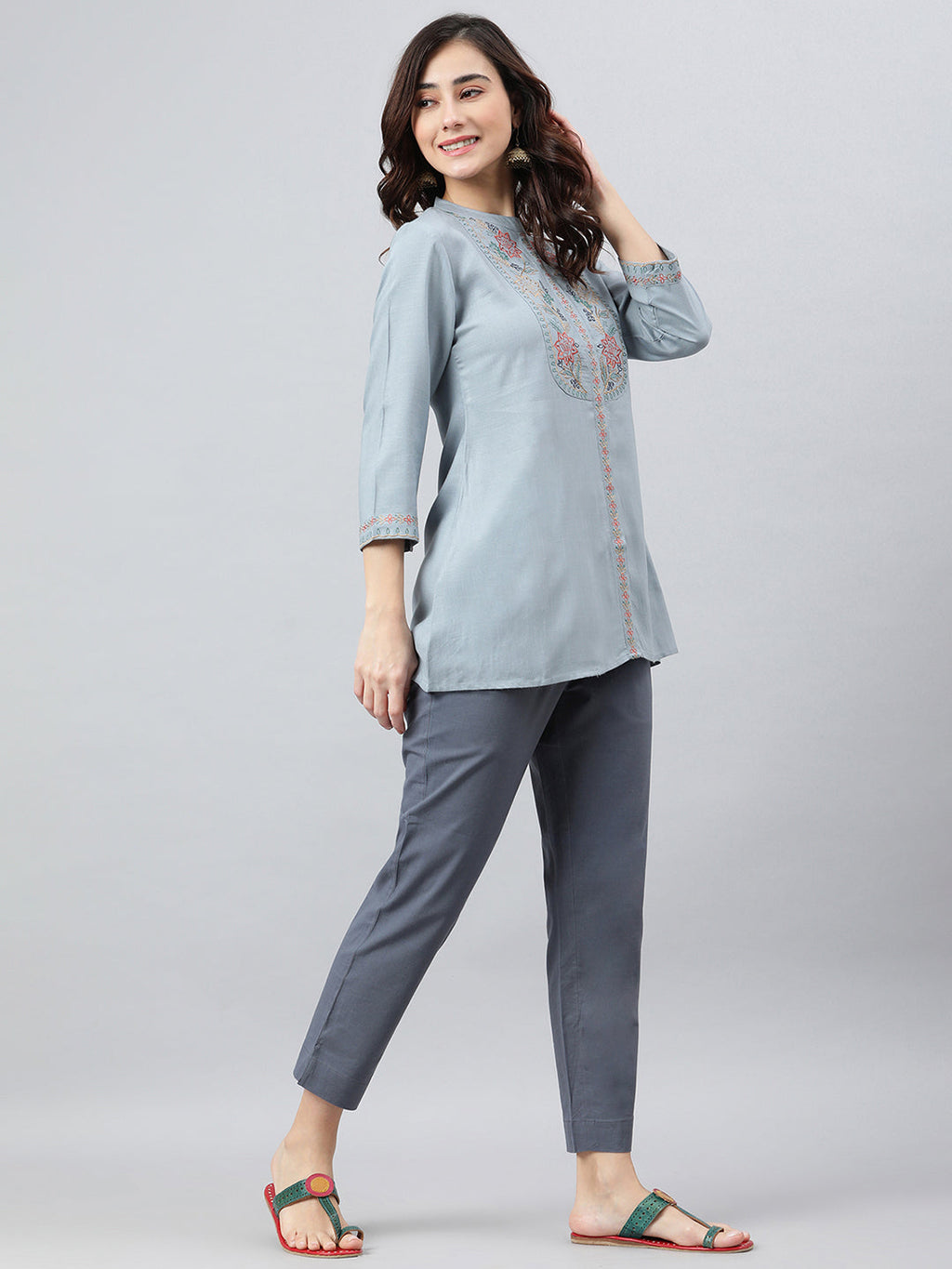Janasya Women's Blue Rayon Slub Embroidered A-Line Top