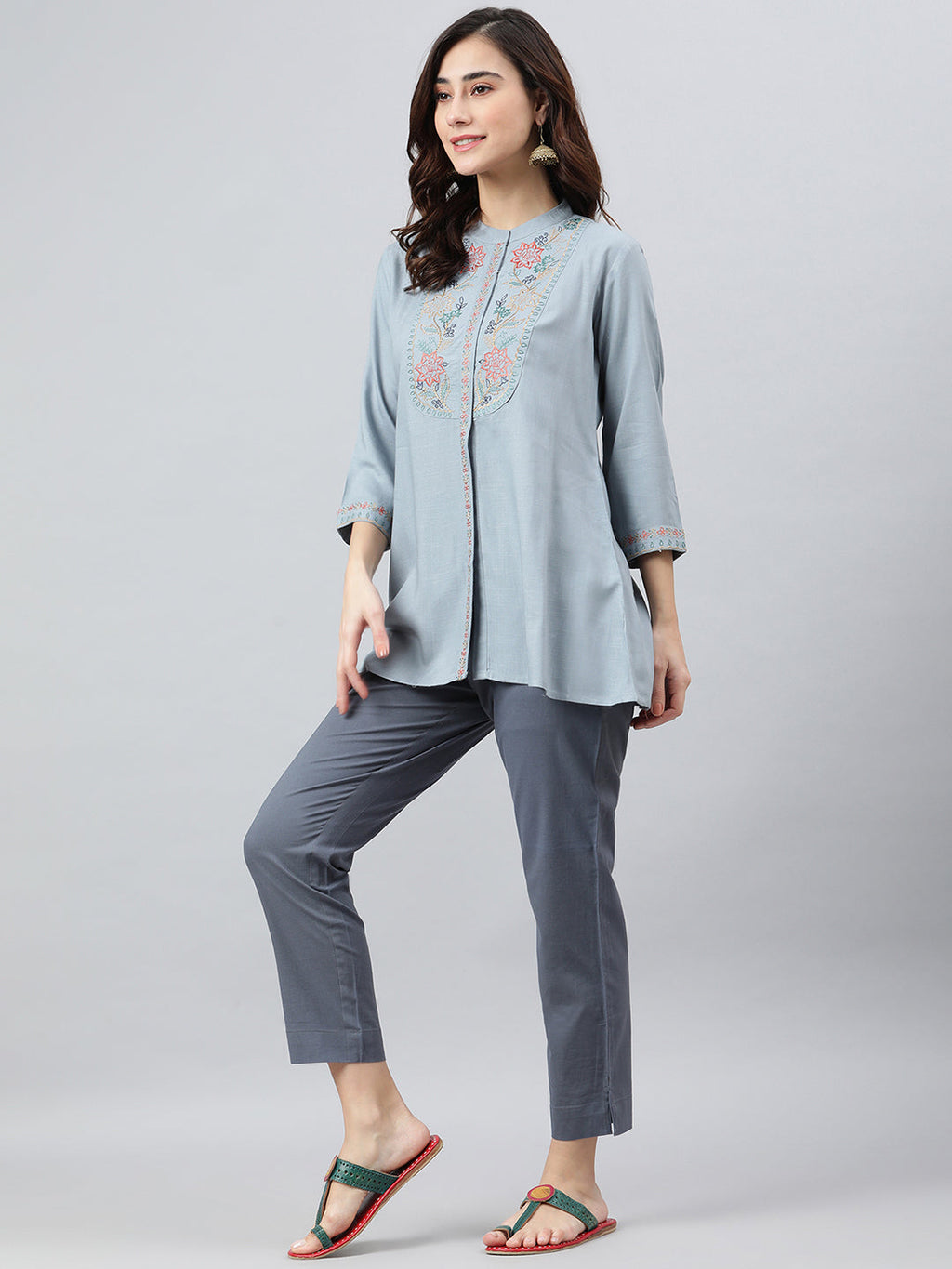 Janasya Women's Blue Rayon Slub Embroidered A-Line Top