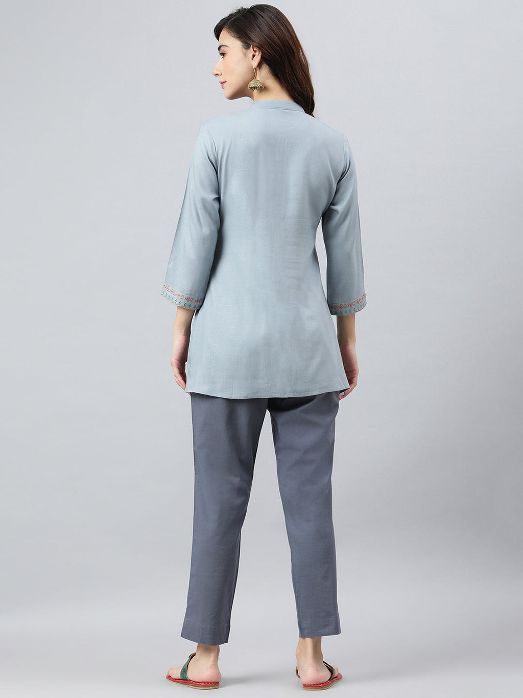 Janasya Women's Blue Rayon Slub Embroidered A-Line Top