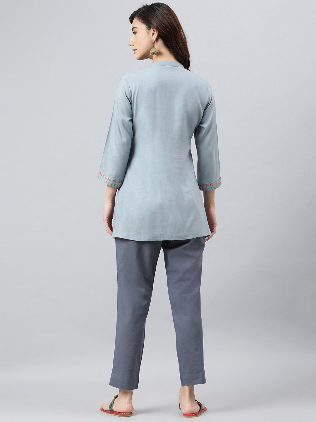 Janasya Women's Blue Rayon Slub Embroidered A-Line Top
