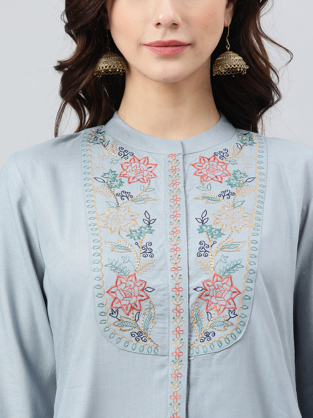 Janasya Women's Blue Rayon Slub Embroidered A-Line Top