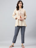 Janasya Women's Beige Rayon Slub Embroidered A-Line Top