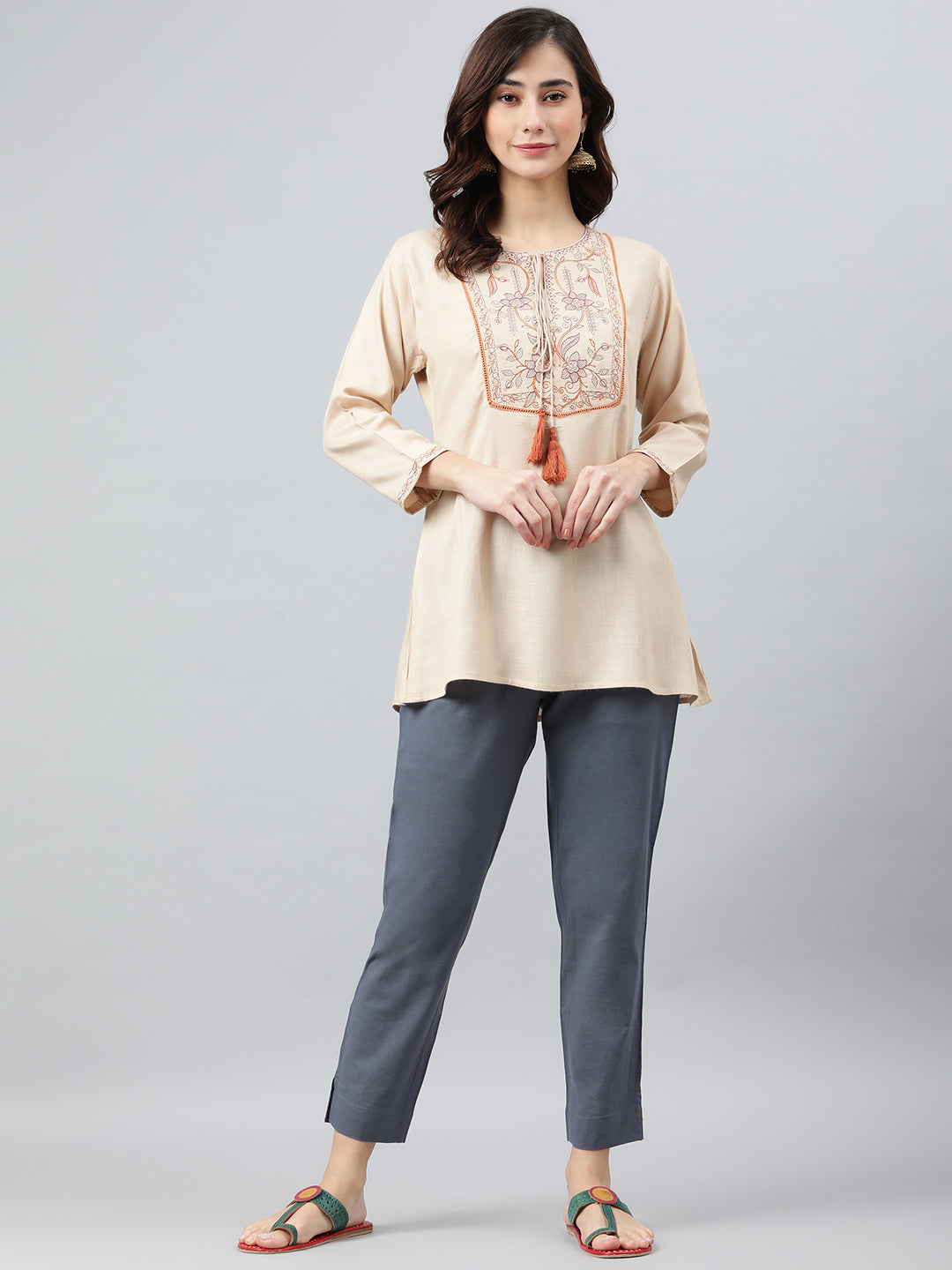 Janasya Women's Beige Rayon Slub Embroidered A-Line Top