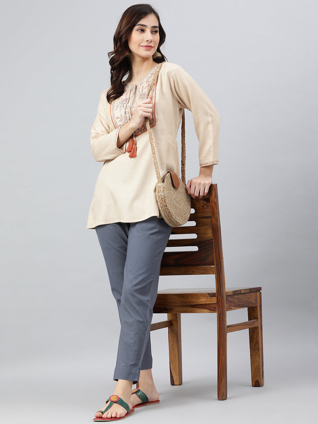 Janasya Women's Beige Rayon Slub Embroidered A-Line Top