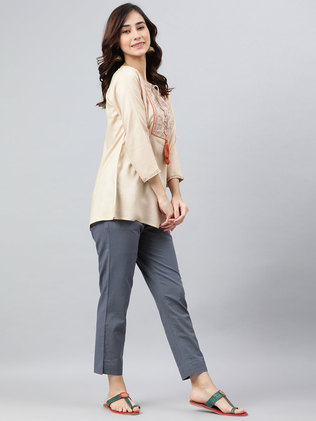 Janasya Women's Beige Rayon Slub Embroidered A-Line Top