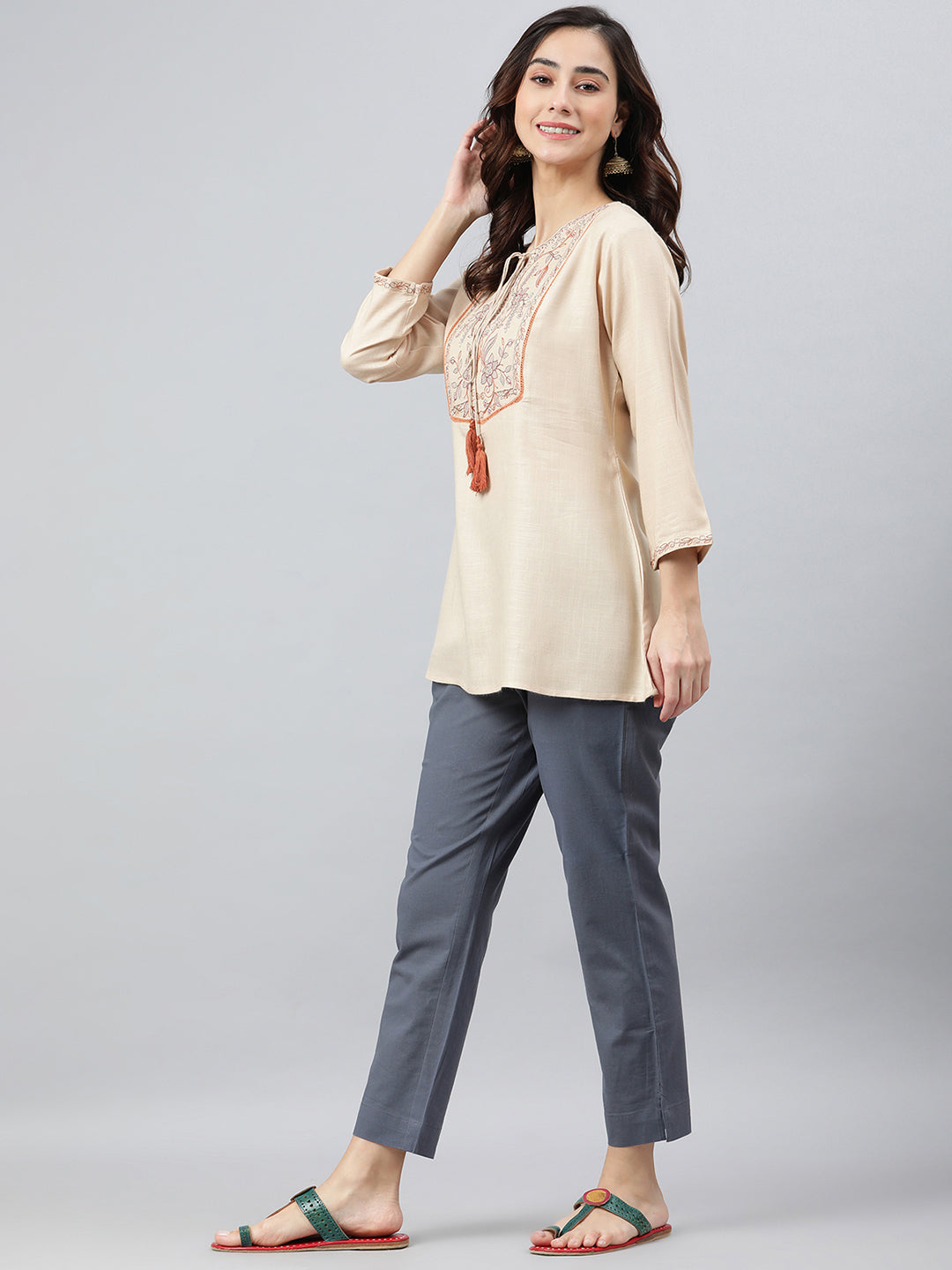 Janasya Women's Beige Rayon Slub Embroidered A-Line Top