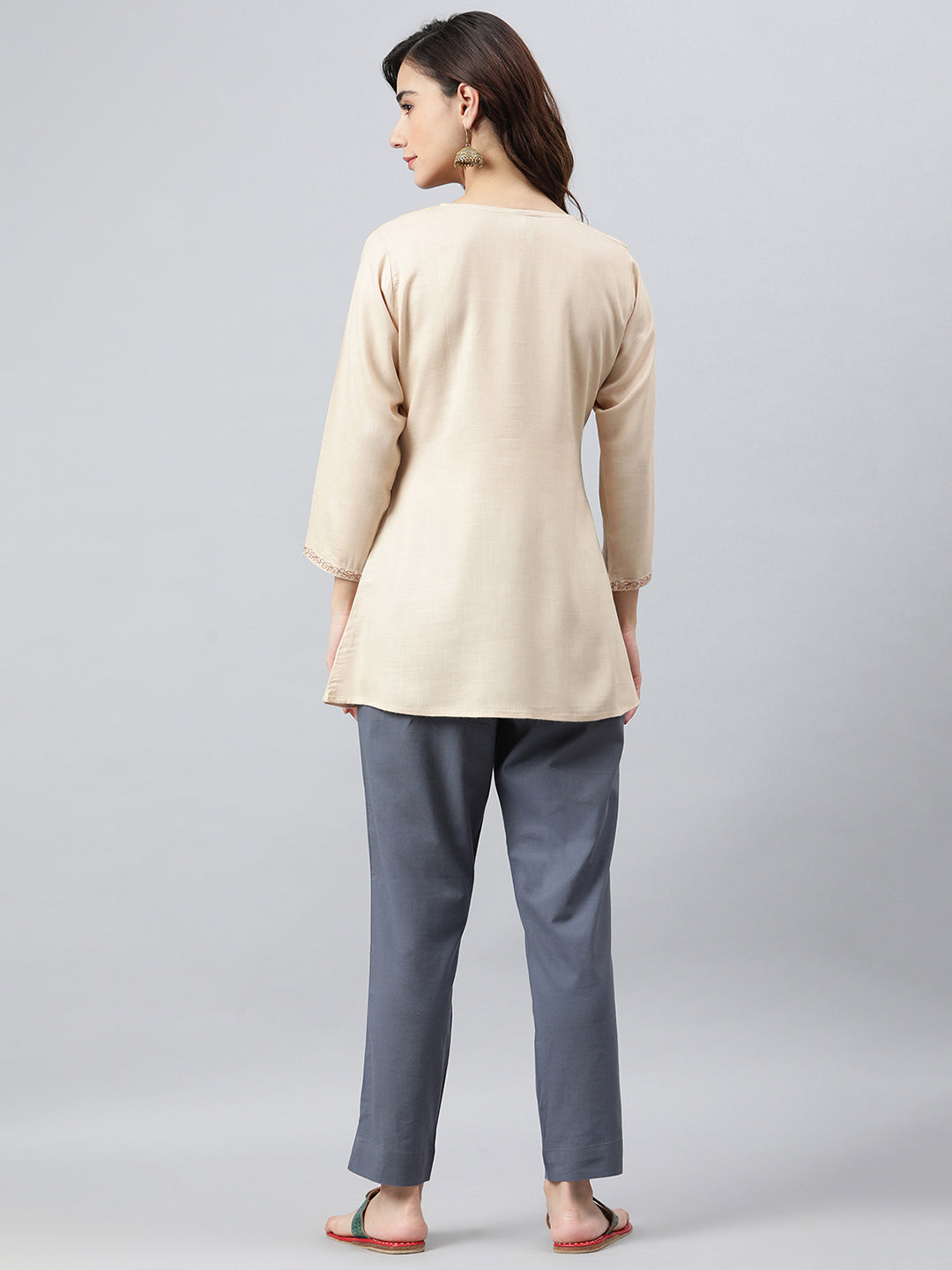 Janasya Women's Beige Rayon Slub Embroidered A-Line Top