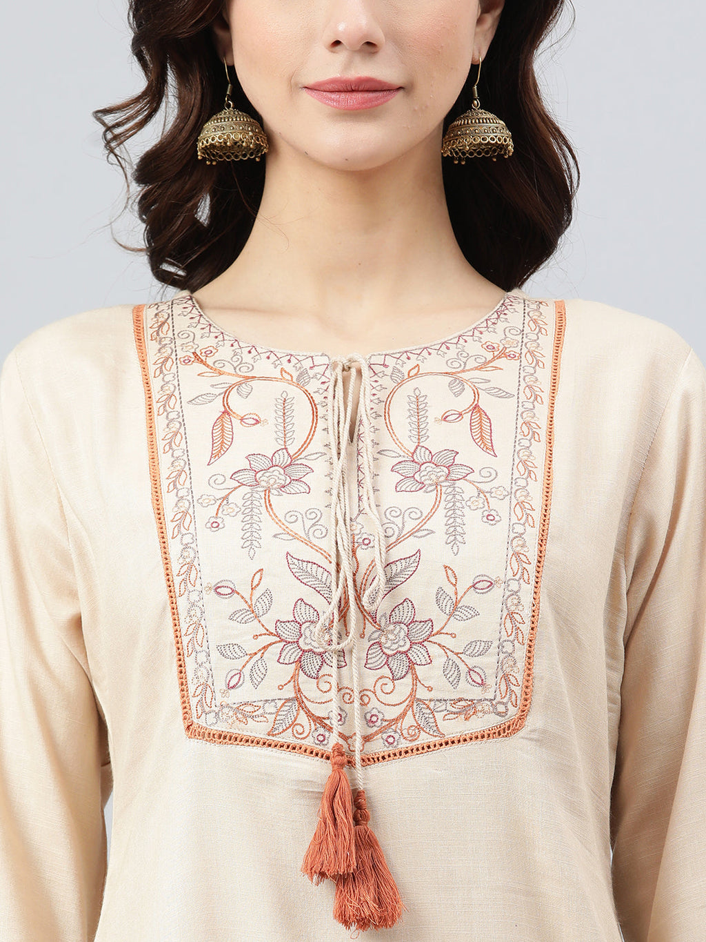Janasya Women's Beige Rayon Slub Embroidered A-Line Top