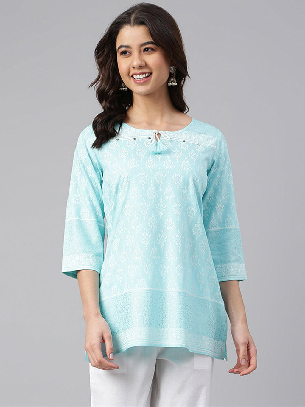 Janasya Women's Mint Blue Cotton Floral Print Straight Tunic