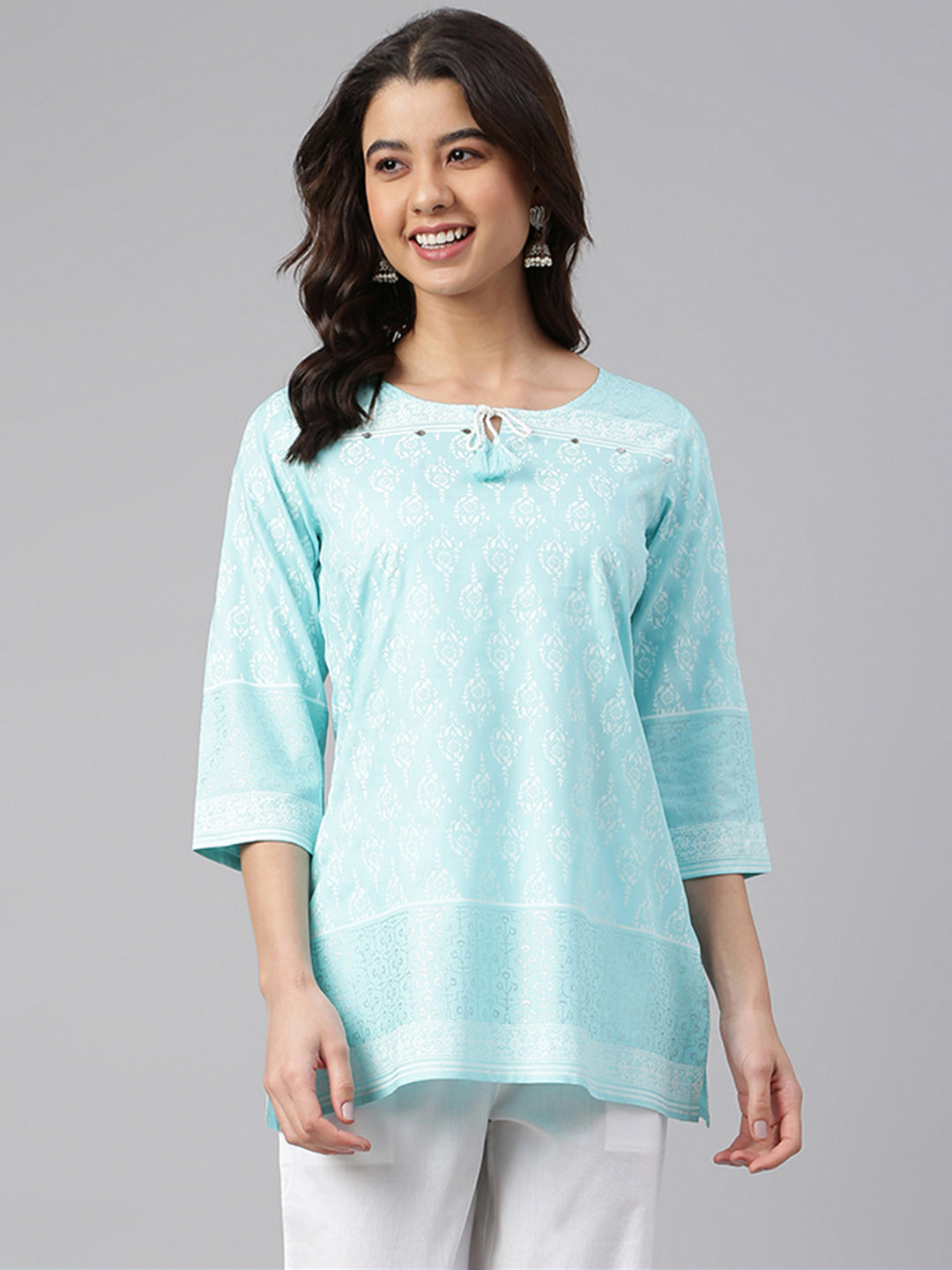 Janasya Women's Mint Blue Cotton Floral Print Straight Tunic